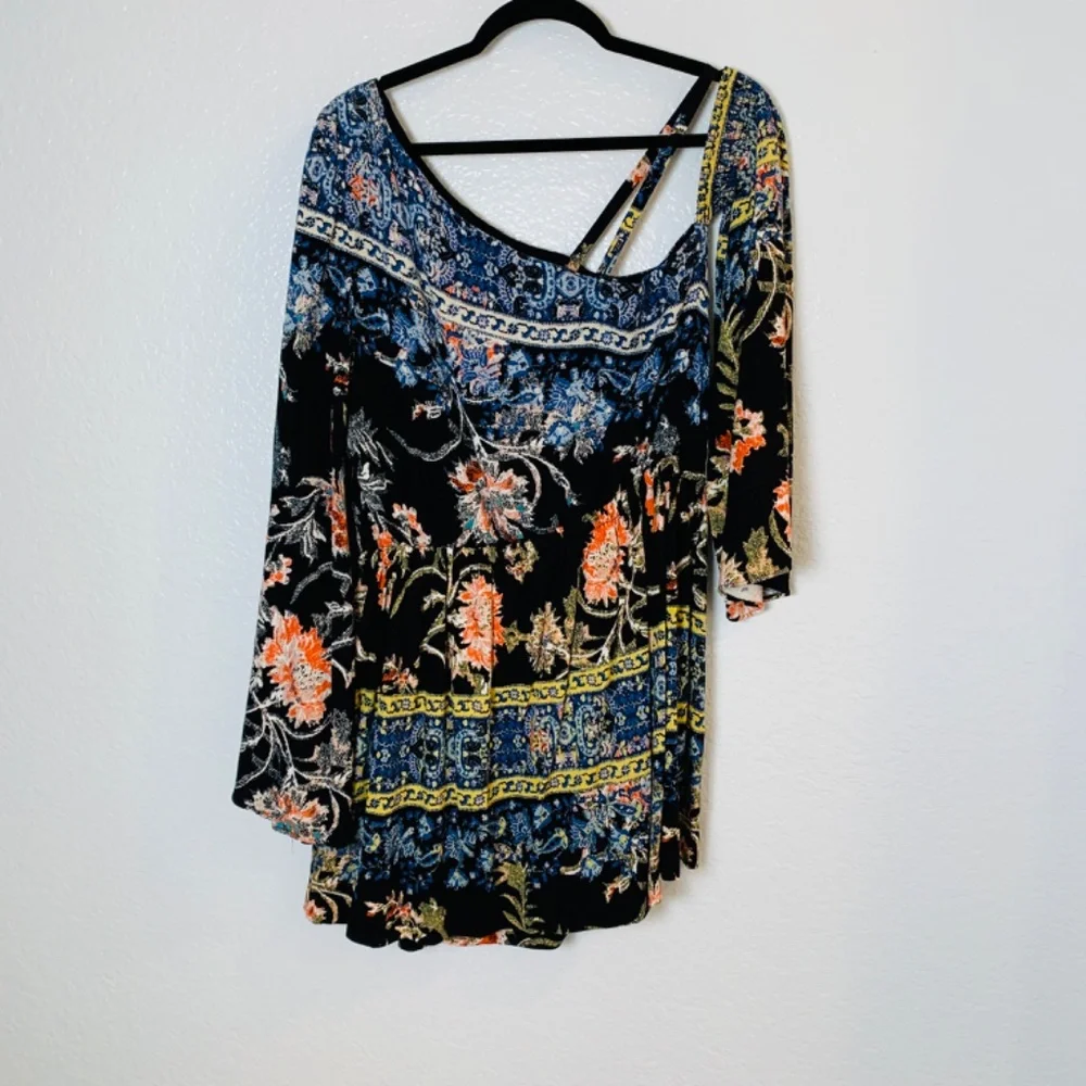 Free People Modern Nomad Mini Dress Large One Shoulder Boho Floral Long Sleeve